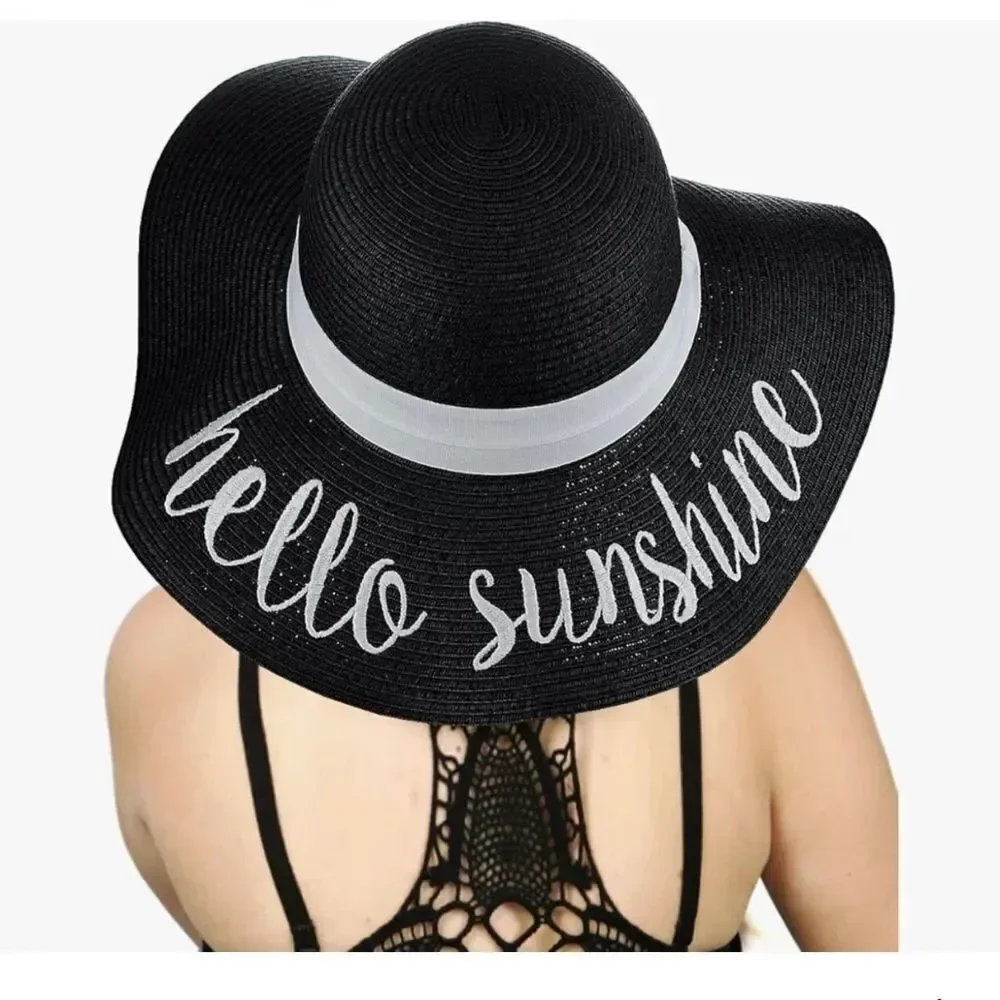 NEW! CC Women's Paper Weaved Beach Hello Sunshine Embroidered Floppy Brim hat